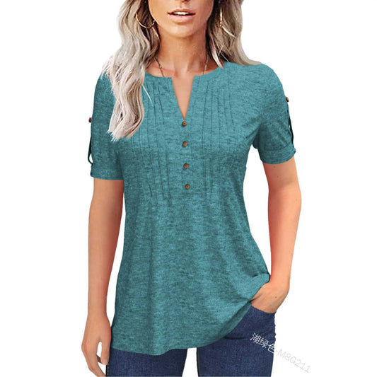 Women’s V Neck T Shirt – Casual Pleated Button Top Loose Fit Shor