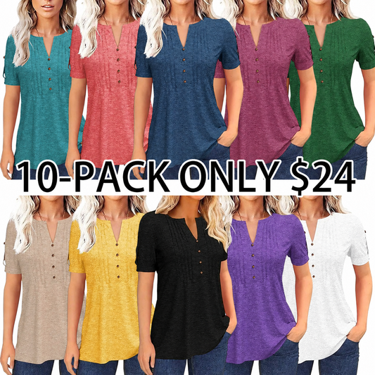 Women’s V Neck T Shirt – Casual Pleated Button Top Loose Fit Shor