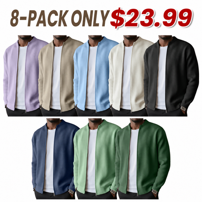 Men's Simple Casual Ribbed Stand Collar Zipper  Long Sleeved Jacket